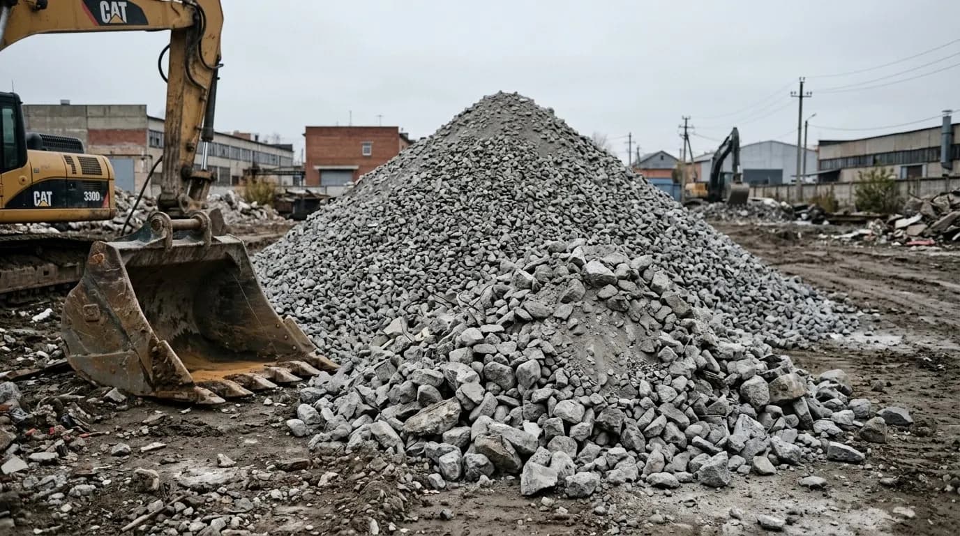 куча боя бетона на площадке после демонтажа здания