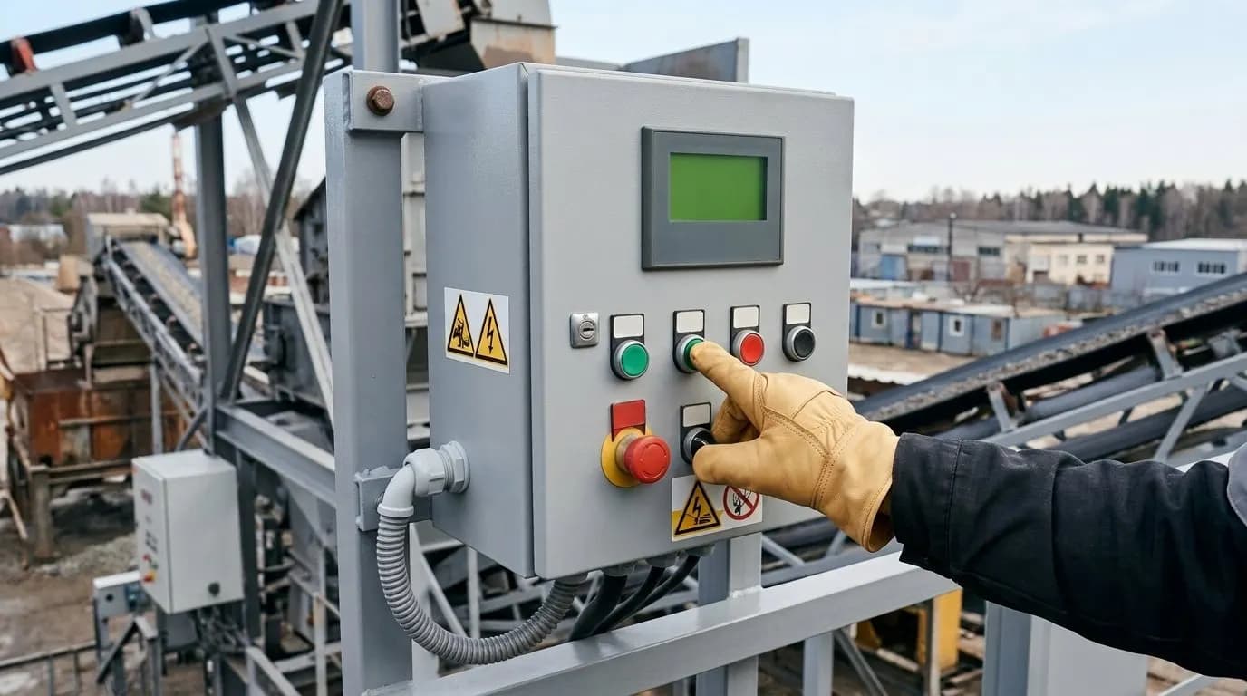 оператор управляет мобильной дробильной установкой на объекте