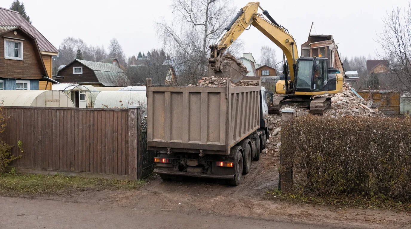 Погрузка строительного боя в самосвал на объекте